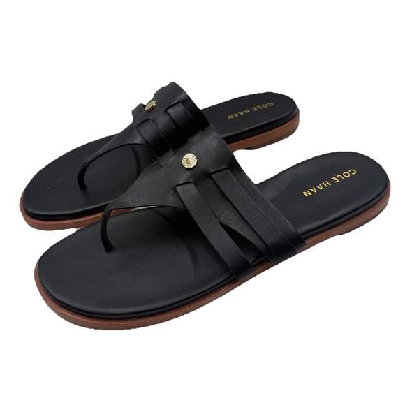 Cole Haan Sandals Womens 7 B Black Leather Farrow Slip On Flat Flip Flops Classy - Picture 1 of 8